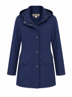 Kristen Blake Womens Blue Hooded Rain Jacket Coat Size Large Zip Button Front